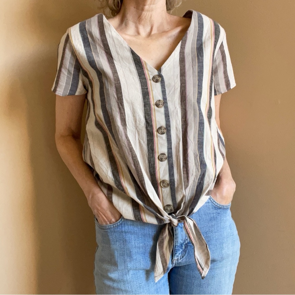Harper button front top with v neck, tie front, short sleeves. Earth tones.